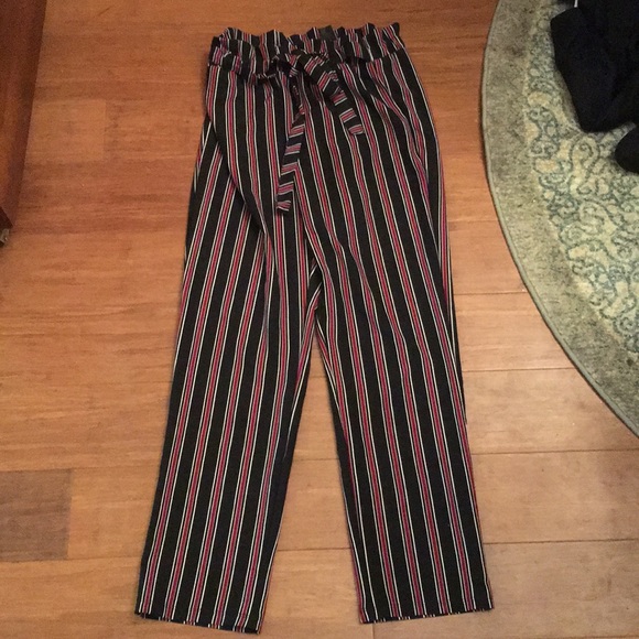 Tie Front Striped Paper Bag Pants - Picture 1 of 3